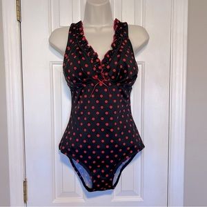 Gabar Black Red Polka Dot & Ruffle One Piece Retro Look Swimsuit | Size 10